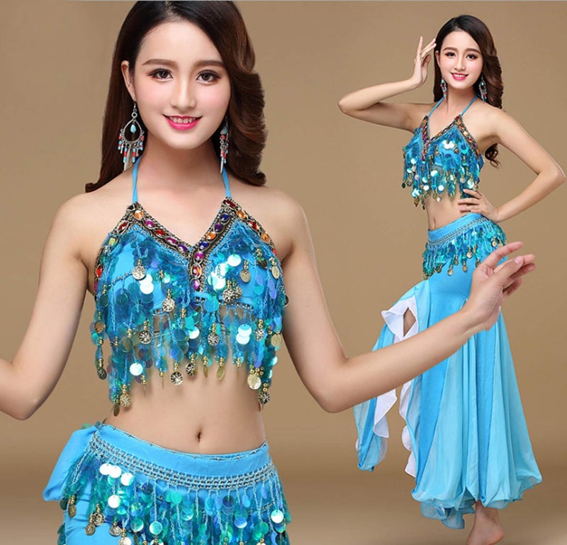 ORIDOOR Women's Belly Dance Dress Belly Dance Crop Top Bra Top and Belt Chiffon Dancing Skirts Costume 3-piece Outfit Lake Blue - Image 3